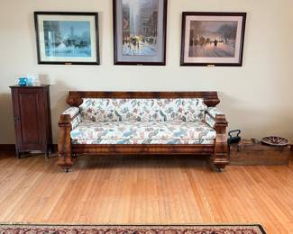 antique music cabinet, antique flame mahogany upholstered sofa, signed/numbered G. Harvey prints