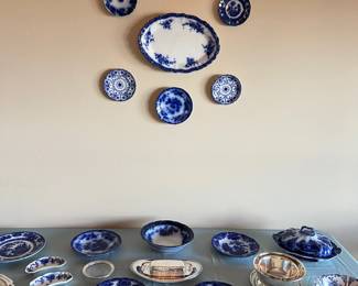antique Flow Blue china pieces, silverplate serving pieces