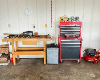 White Gate work bench, Husky Professional cabinet, Porter + Cable compressor
