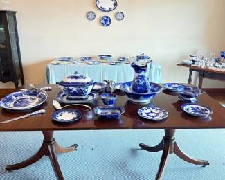 highly collectible antique Flow Blue China pieces, Duncan Phyfe style dining table
