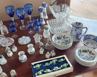vintage blue and white pieces, cobalt blue cut-to-clear glassware