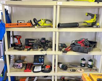 Ryobi edger, hedge sweep and blower, Stihl edger, Black and Decker drill and finishing sander, Craftsman sander and sabre saw, Skil circular saw