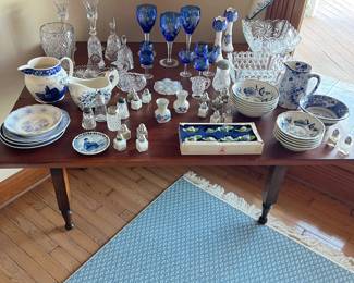 cherry wood drop leaf table, vintage blue and white pieces, cobalt blue cut-to-clear glassware