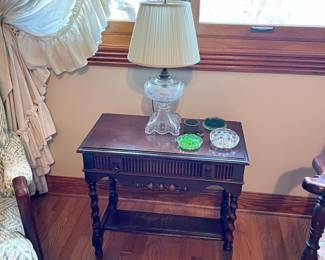 antique barley twist table, vintage flower frogs