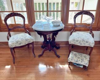 antique carved wood chairs/marble top table