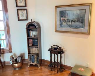 antique bookcase, antique smoke stand, antique needlepoint stool/box, G. Harvey signed/numbered artist proof