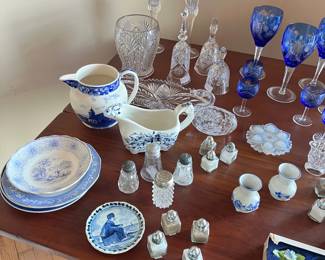vintage blue and white pieces, cobalt blue cut-to-clear glassware