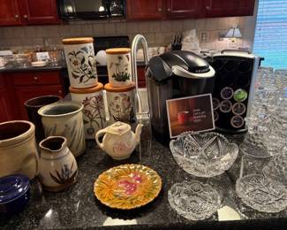 crocks, Port Meirion canister set, Keurig and pod tower, tea pot