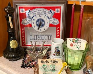 Vintage barware, decor, and uranium glass 