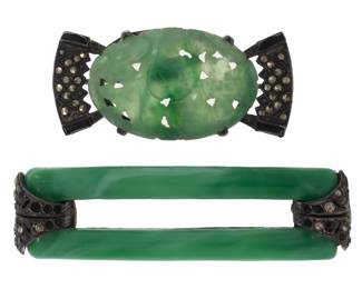 Two Art Deco Jade, Peking Glass, Sterling Silver Pins