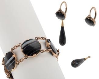 Pair of Victorian Banded Agate Earrings and Fob