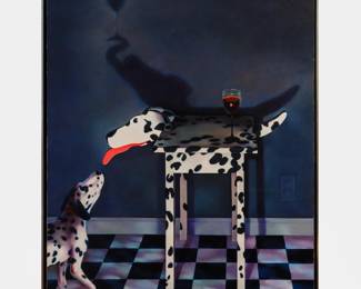 Lorraine Shemesh (American, b. 1949). 'Spots' Oil on canvas, signed, titled, and dated in black felt-tip pen on the stretcher bar on verso, framed. 86 x 50 in. (167 x 127cm) 88 x 52 in. (169 x 132 cm/frame). Lorraine Shemesh (Born 1949) is active/lives in New York. Lorraine Shemesh is known for Super real figure-genre, abstraction. Having earned a reputation for contemporary realism, especially figurative works of subjects in and around swimming pools, Lorraine Shemish turned to gestural, abstract painting in the mid 1990s after seeing an exhibition of Jackson Pollock's work at New York's Museum of Modern Art. After this change in approach, her figural depictions are still recognizable, but they are abstracted and devoid of narrative meaning.