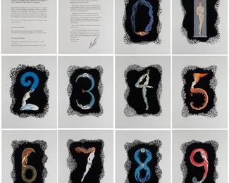 Erte (Romain de Tirtoff) (Russian/French, 1892-1990). Numbers Suite, 1980. The complete portfolio, comprising 10 embossed color screenprints on wove paper, each signed in pencil, and annotated AP 27/39 (aside from the American edition of 350, and the European edition in Roman numerals of 90), published by Circle Fine Art Corporation, Chicago, printed by Chicago Serigraphic Workshop and Cooke-Burger Embossing; contained in original black portfolio box with title sheets. 22 1/2 x 17 3/8in. (57 x 44cm/each sheet). 24 x 18 1/2in. (61 x 47cm/portfolio box). Literature: Lee 175.
