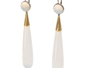 Pair of Victorian Chalcedony, 14k Day and Night Earrings