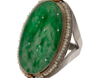 Jadeite Jade, Seed Pearl, 14k Gold Ring