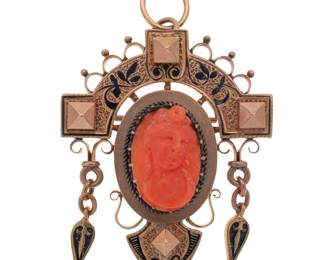Victorian Coral, Enamel, 10k Rose Gold Pin Pendant