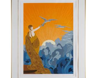 Erte (Romain de Tirtoff) (Russian/French, 1892-1990). Wings of Victory, 1978. Color screenprint on wove paper, signed in pencil, numbered 109/325, published by Circle Fine Art Corporation, Chicago, printed at Chicago Serigraphic Workshop, with margins, framed. (not examined out of frame). 27 x 19in. (68.5 x 48.3cm/image). 37 x 28 1/2in. (94 x 72.5cm/frame). Literature: Lee 120. Condition: No glass in frame. Slight rippling to paper.