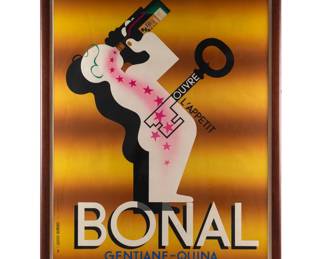 Adolphe Mouron Cassandre (French, 1901-1968) Bonal Gentiane-Quina, 1936 Color lithograph poster Printer: Alliance Graphique, Paris Framed: 64in (162cm) h. 48in (122cm) w Original vintage advertising poster designed by A. M. Cassandre in 1935, Bonal Gentiane-Quina whets the appetite - From the mountains of the great Chartreuse.
