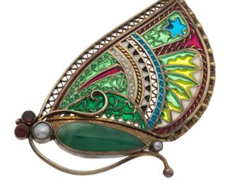Antique Jade, Garnet, Pearl, Plique-a-Jour, Gilt Butterfly Pin