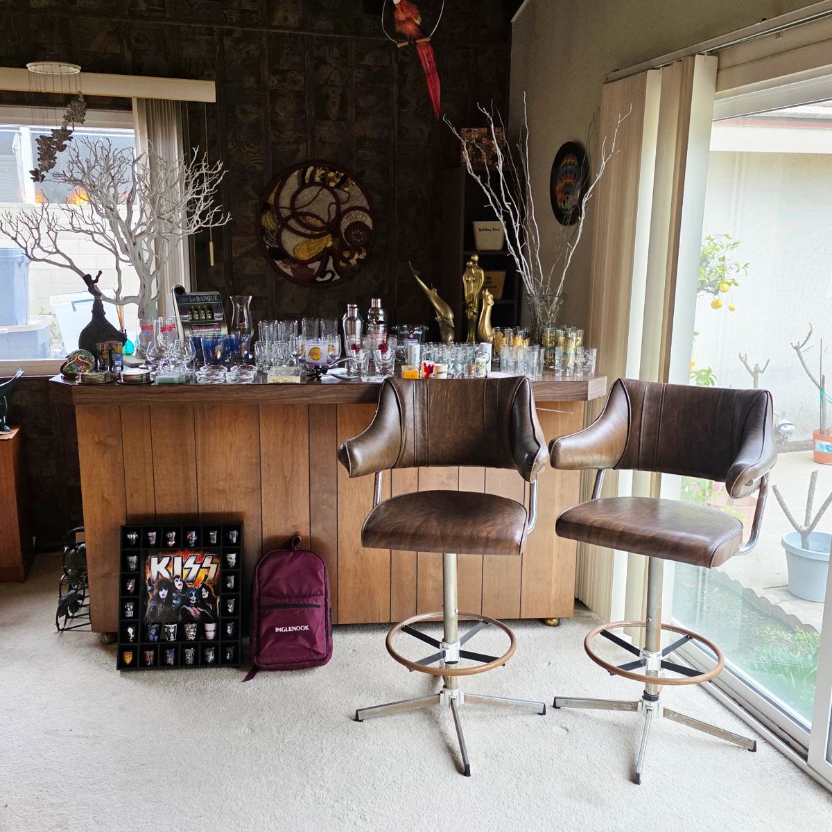 Mid century bar, bar stools, bar ware, and home decor