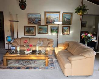 Gorgeous leather sofas (The Leather Factory), mid century decor, mid century paintings