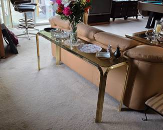 Mid century brass and glass top console table