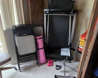 ProForm treadmill, vintage Samsonite card table and folding chairs