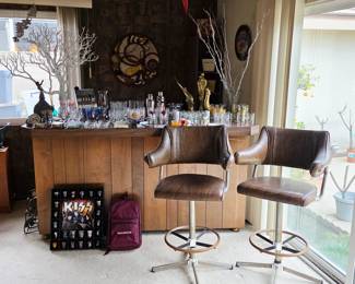 Mid century bar, bar stools, bar ware, and home decor