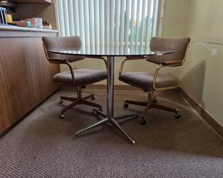 Mid century modern smoked glass top table, vintage Chromcraft chairs