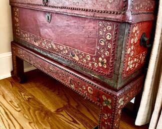This item is a 19th-century Chinese export trunk made of leather and camphor