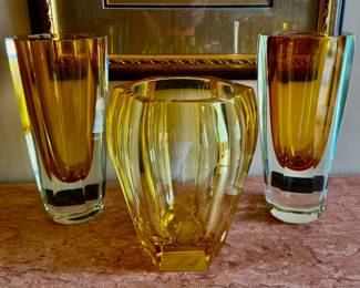Moser paneled glass vases in amber