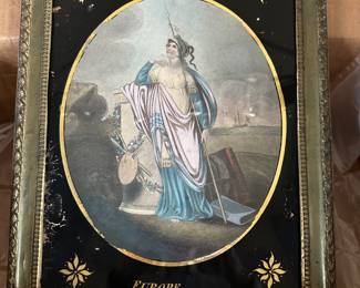 Regency hand-colored engraving "Europe" in a stamped brass frame, circa 1830-40. 