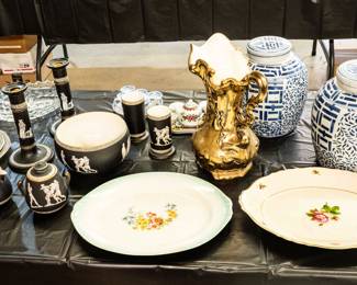 Pratt Old Greek set, Asian jars and lots of platters. 