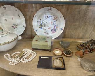 Meissen plates, and Sevres wooden handled warmer, jewelry, pewter box and sterling compact, daguerreotypes, jade and coral box. 