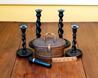 19th century woodenware, sewing basket, boxwood ruler and a rosewood cigar case. 