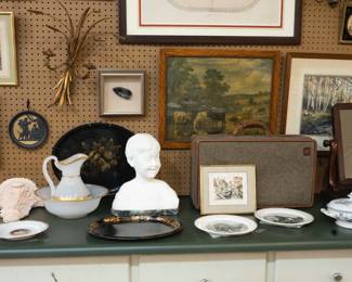 Opaline bowl and pitcher, tole tray and Grand Tour marble bust of The Laughing Boy, all 19th century. 