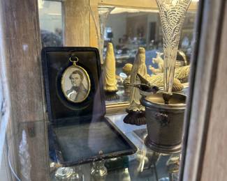 Portrait miniature of gentleman in original case and a Vienna bronze and crystal epergne. 