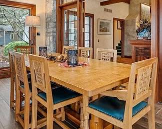 Craftsman Dining Table and Chairs. Robert Thompson, The Mouseman of Kilburn Refectory 8ft X 3'3".Dining Table, Lattice Back Chairs w/ Leather Seats. Fine Crafted Furniture. Each piece displays the marquee of a hand carved mouse. (available for purchase prior to sale)