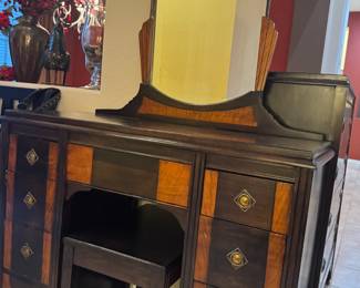 Vintage Art Deco / 1940s Two-Tone Bedroom Furniture
Solid wood & veneer construction with original brass hardware.

Includes vanity with mirror & stool, tall dresser, and twin headboard/footboard.
Classic geometric design from the late Deco era. 

Would prefer to sell all pieces as a set. 