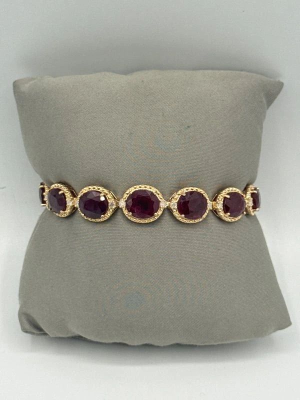 925 Sterling Silver Gold-Overlay Bracelet With Rubies, Diamond Accents & Milgrain Detailing | Total Weight 25.0 grams