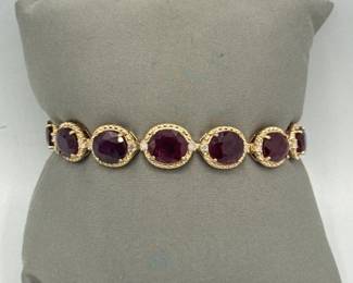 925 Sterling Silver Gold-Overlay Bracelet With Rubies, Diamond Accents & Milgrain Detailing | Total Weight 25.0 grams