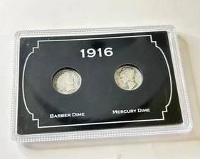 1916 Double Year Silver Dime Type Set with Both 1916 Barber and 1916 Mercury Silver Dimes