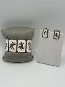 Vintage Siam Sterling Silver White Enamel Niello Panel Bracelet And Matching Clip-on Earrings Set | Total Weight 76.9 grams