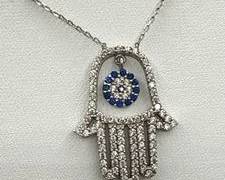 Sterling Silver Cubic Zirconia Crystals Hamsa Hand Evil Eye Charm Pendant Necklace | Total Weight 4.1 grams