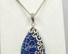 Sterling Silver Teardrop Necklace With A Lapis Lazuli Pendant And Filigree Work | Total Weight 7.3 grams