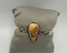 Sterling Silver Cuff Bracelet Featuring A Large, Pear-shaped Maligano Jasper Gemstone With Decorative Metalwork | Total Weight 14.4 grams