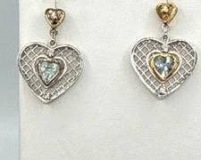 Sterling Silver Dangle Drop Heart Earrings With Blue Topaz And Cubic Zirconia Stones | Total Weight 5.8 grams