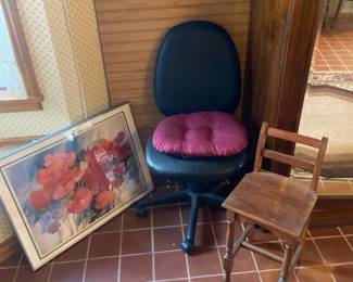 Matted Poppy Print Desk Chair On Wheels And An Older Petite Stool