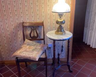 Marble Topped Side Table, Hurricane Lamp, And One Vintage Chair