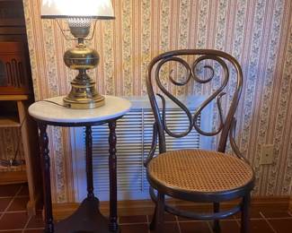 Marble Topped Table, Side Chair, And Lamp